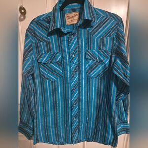 Wrangler Men's Western Striped Cotton Snap-Up Long Sleeve Shirt Blue Size L